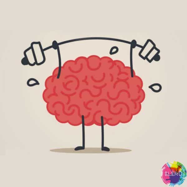 Drawing of a pink brain with narrow black squiggly legs sweating as it lifts a bar black outlined barbell with black squiggly arms.