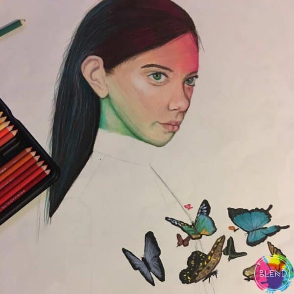 Drawing of a girl with dark hair and green eyes wearing a white shirt next to butterflies