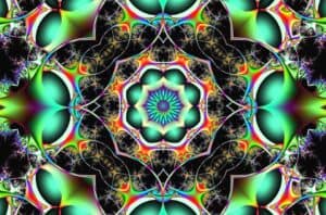asdf A multicolored background (turquoise, dark green, black, red, etc) with mushroom designs in a circle in a swirl type of pattern.