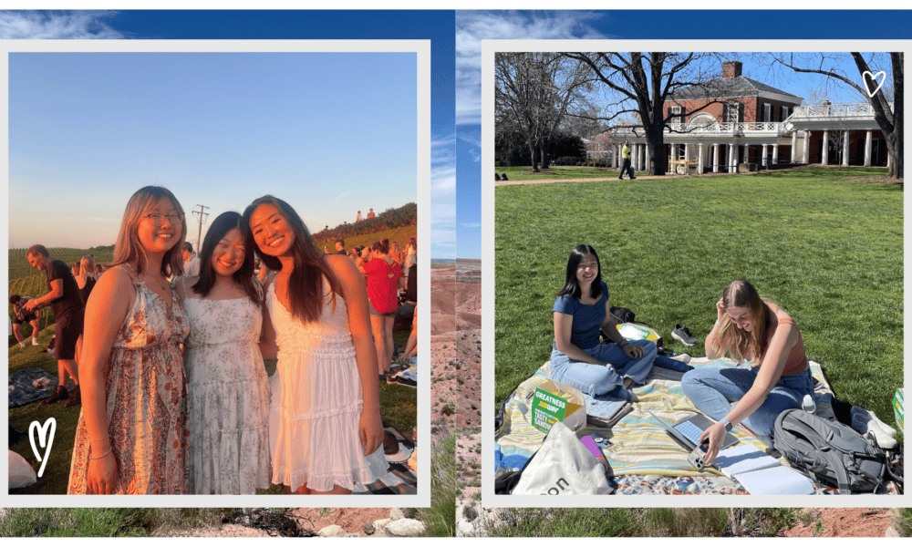Images of people sitting on grass, with one person positioned in front of a house in the background.