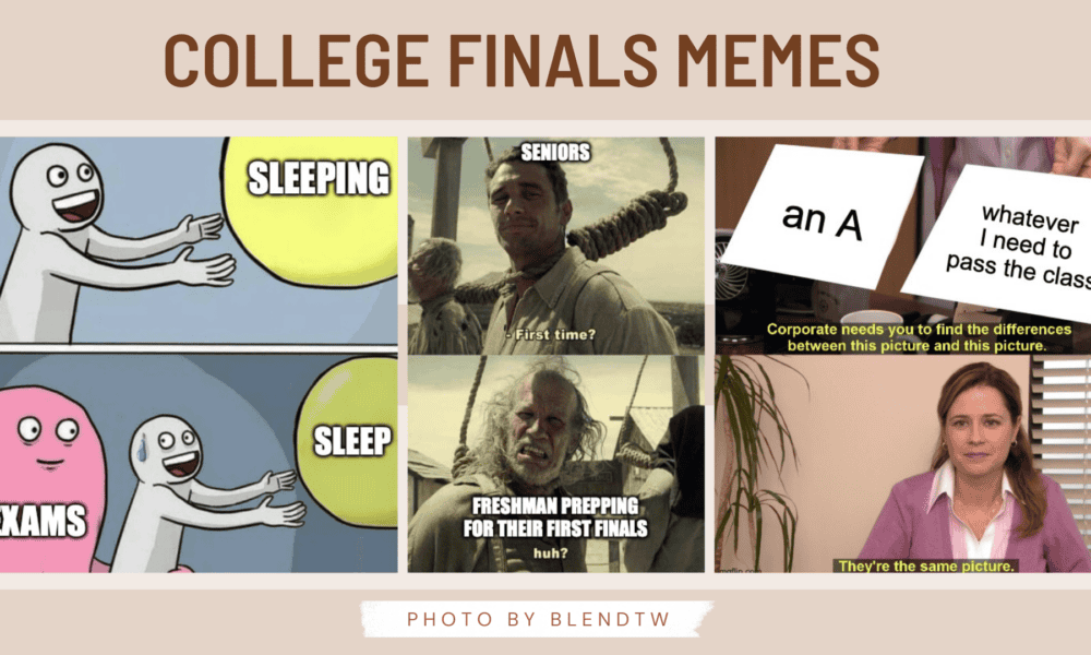 A collage of humorous college finals memes depicting students' stress and exhaustion during exam season.