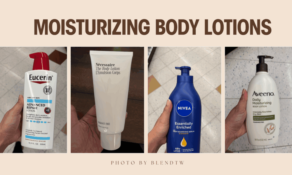 Four different brands of moisturizing body lotions, including Eucerin, Necesssaire, Nivea, and Aveeno, displayed in individual containers.