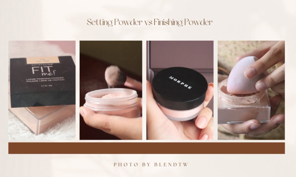 Comparison of setting powder and finishing powder, featuring product containers and application with a sponge.