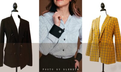 Three women's blazers, black, striped, and yellow plaid, displayed on mannequins.