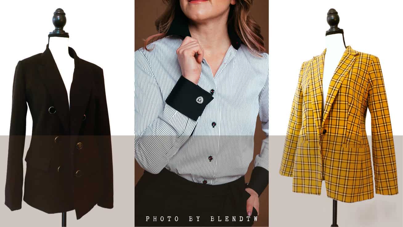 Three women's blazers, black, striped, and yellow plaid, displayed on mannequins.