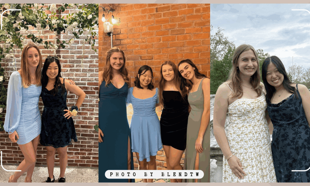 Group of young women in various formal dresses posing in front of a brick wall backdrop.