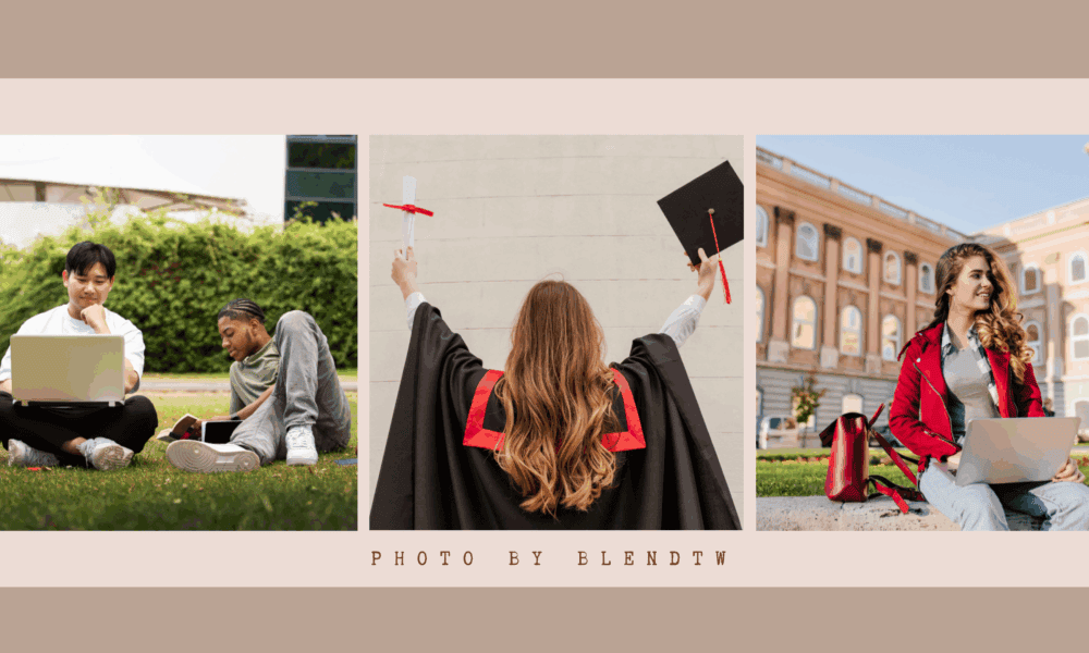 Four photos of graduates sitting on grass, each using a laptop, celebrating their achievements in a relaxed outdoor setting.