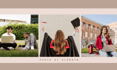 Four photos of graduates sitting on grass, each using a laptop, celebrating their achievements in a relaxed outdoor setting.