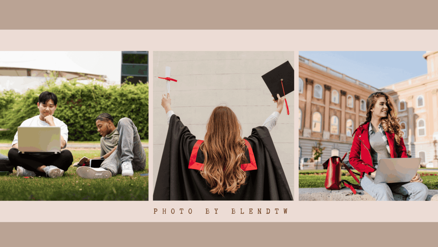 Four photos of graduates sitting on grass, each using a laptop, celebrating their achievements in a relaxed outdoor setting.