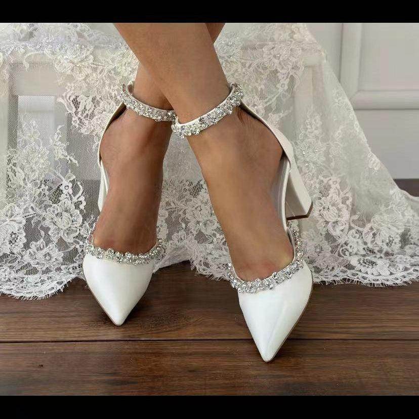 White Rhinestone Ankle Strap Pointy Block Heels