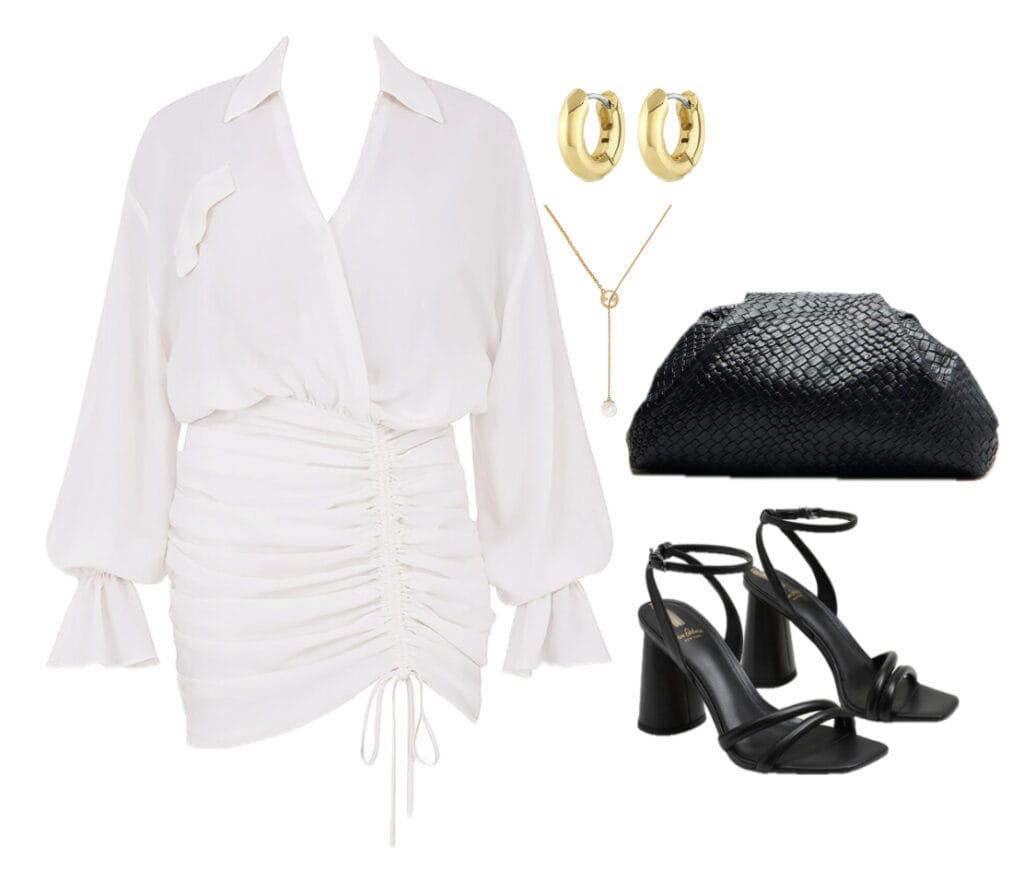 A white dress paired with a black clutch and black heels, showcasing a stylish and elegant outfit combination.