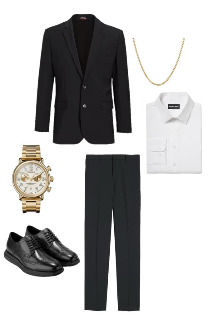 A black suit paired with a white shirt and accented by a gold watch, showcasing a classic and elegant style. 