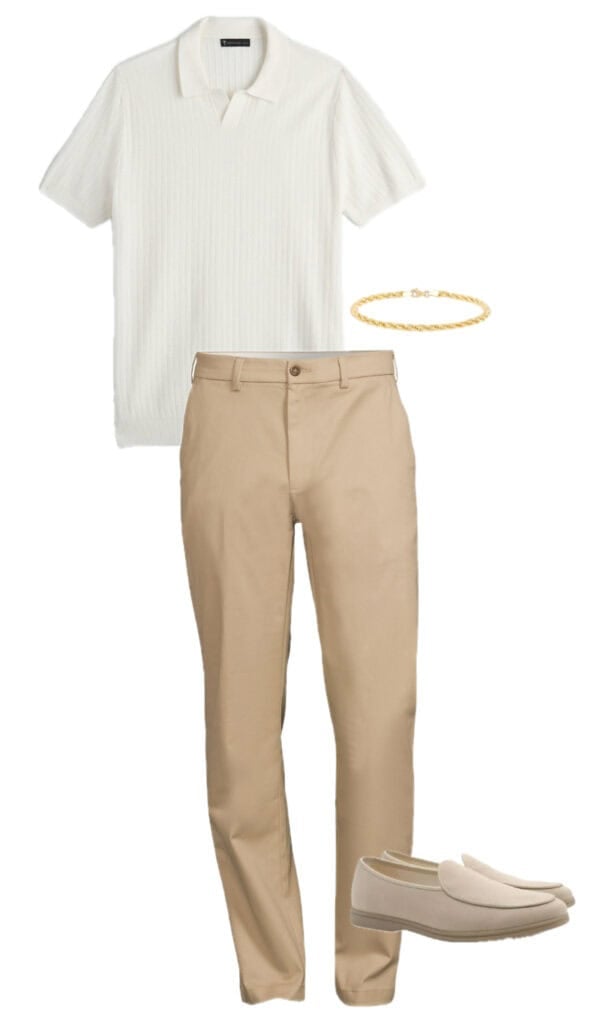 Beige chinos, a white ribbed polo shirt, a gold chain bracelet, and light beige loafers.