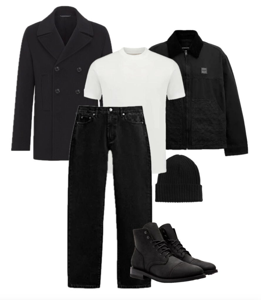 Black pea coat, white t-shirt, black jeans, black beanie, and black lace-up boots.