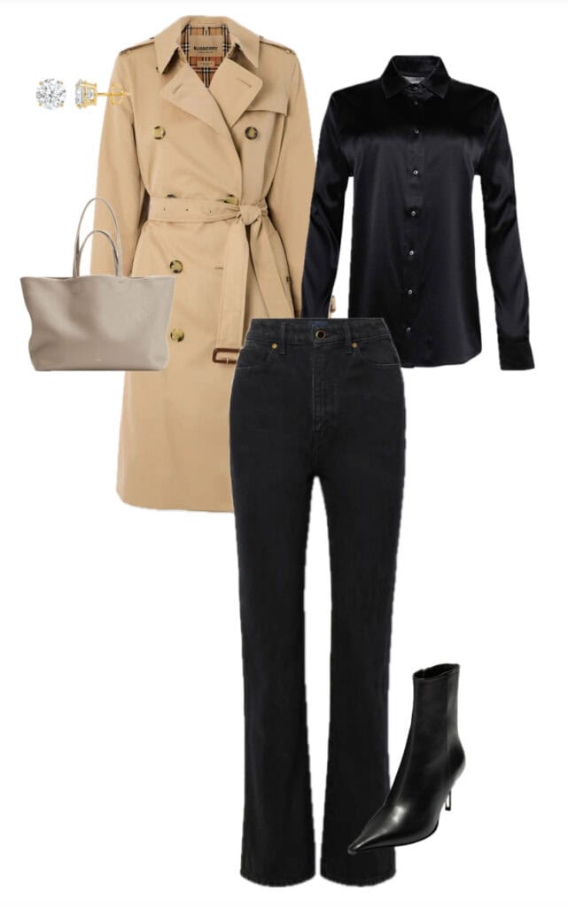 Beige trench coat, black satin blouse, black jeans, and black ankle boots.