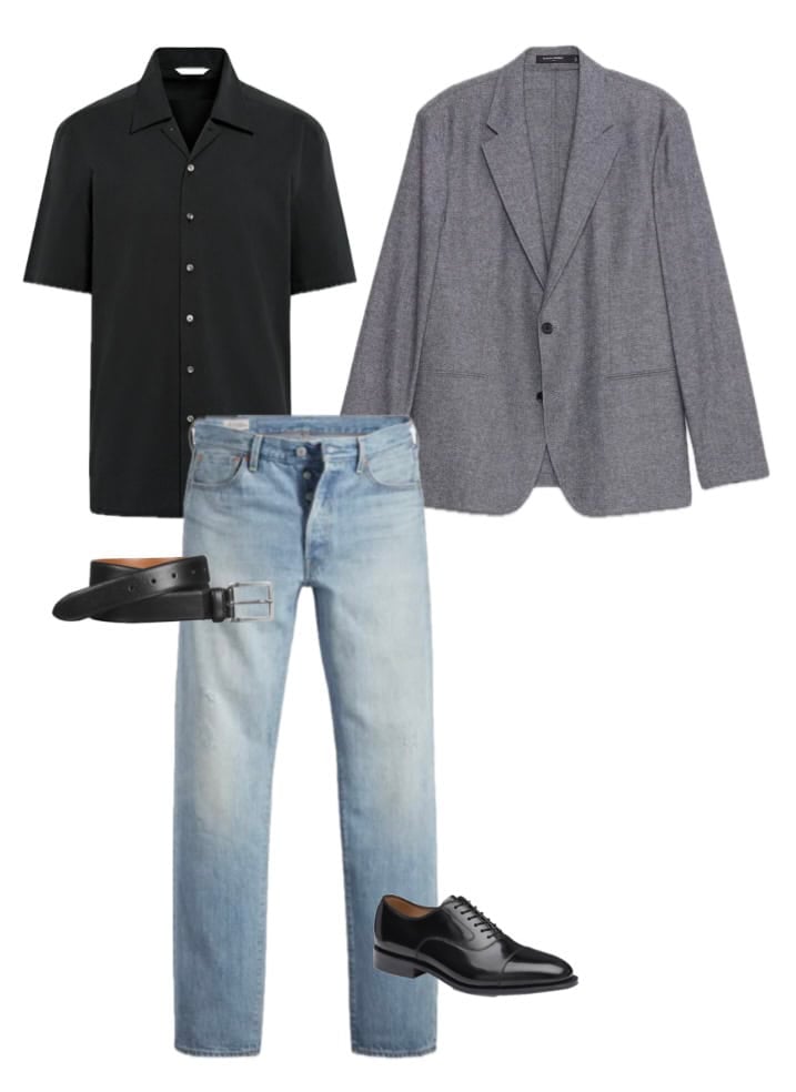 A black shirt paired with a gray blazer, jeans, and shoes, showcasing a smart-casual outfit.