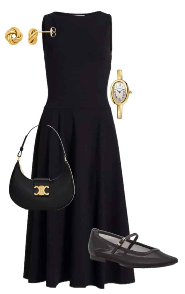 Black dress paired with gold knot earrings, watch, a Celine bag, and mesh flats.