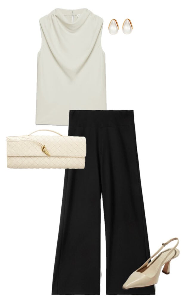 A stylish outfit featuring a white top, black pants, and a chic clutch bag.
