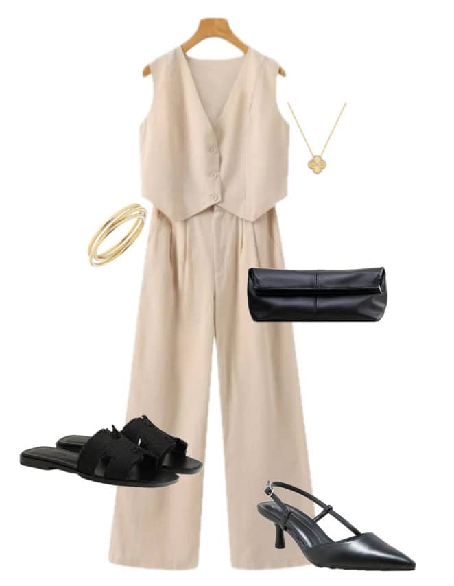 A woman's outfit featuring a beige jumpsuit, paired with black shoes and a stylish clutch.
