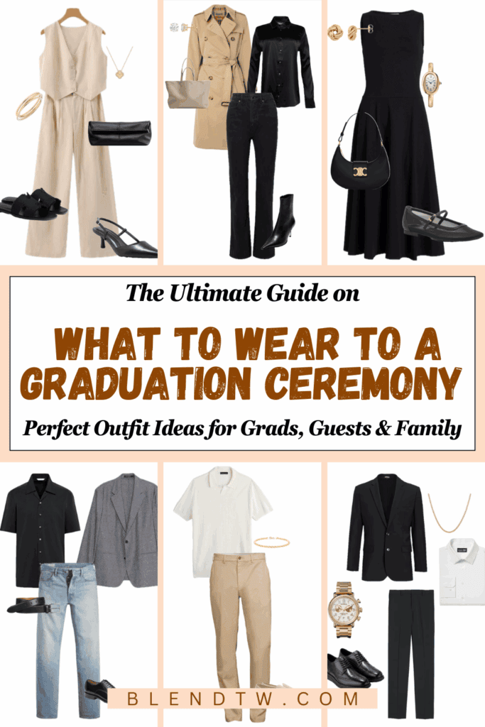 "Collage showcasing graduation outfit ideas for graduates, guests, and family. Includes both women's and men's apparel such as dresses, suits, casual pants, and dress shirt outfits."