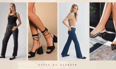 Women's fashion featuring various styles of shoes and jeans, including black heeled sandals, black flats, and leopard print slingbacks.