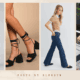 Women's fashion featuring various styles of shoes and jeans, including black heeled sandals, black flats, and leopard print slingbacks.