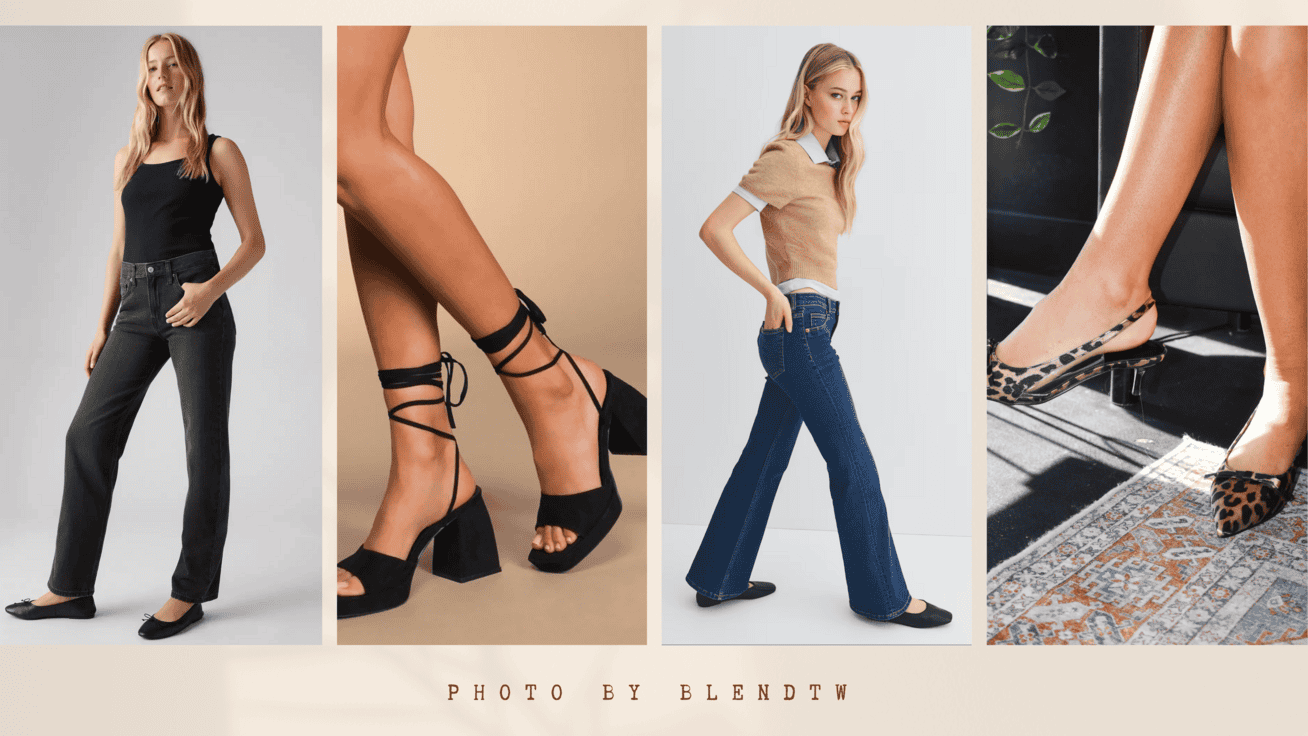 Women's fashion featuring various styles of shoes and jeans, including black heeled sandals, black flats, and leopard print slingbacks.