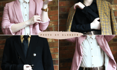 Four different outfits displayed; pink, black, and yellow/black plaid blazers over white shirts, with gold ties and belts.