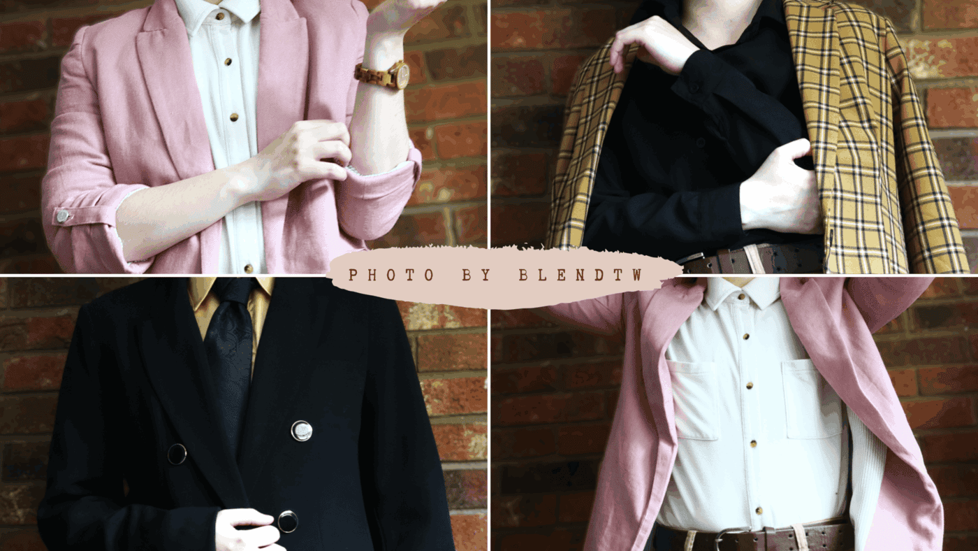 Four different outfits displayed; pink, black, and yellow/black plaid blazers over white shirts, with gold ties and belts.