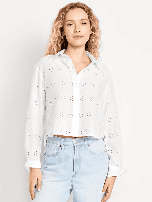 Cropped Button-Down Eyelet Shirt