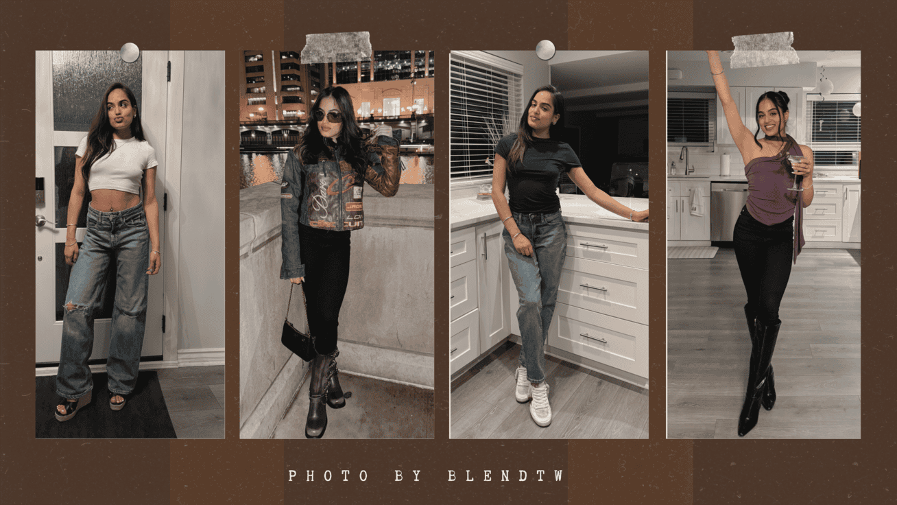 Four-panel collage of a woman modeling different outfits, including distressed wide-leg jeans, a denim jacket, a black top with jeans, and a purple halter top with black pants and knee-high boots.