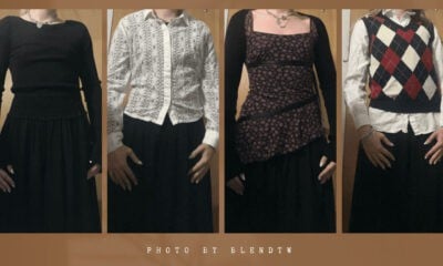 Triptych showing three outfits: a black long-sleeve top and skirt, a white lace button-up shirt and black skirt, and a black long-sleeve layer over a floral print dress.