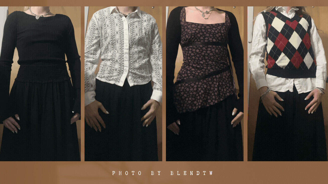 Triptych showing three outfits: a black long-sleeve top and skirt, a white lace button-up shirt and black skirt, and a black long-sleeve layer over a floral print dress.