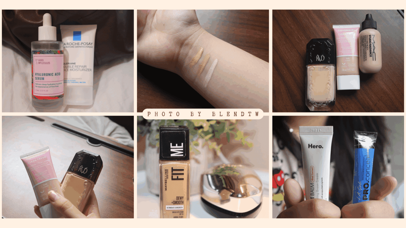 Collage of six images showcasing various makeup and skincare products including serums, moisturizers, foundations, and concealers.