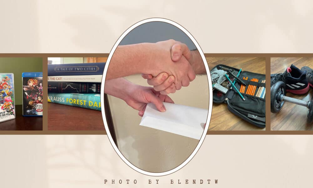 Collage of video games, books, a handshake with an envelope, a pencil case, and a dumbbell with sneakers.