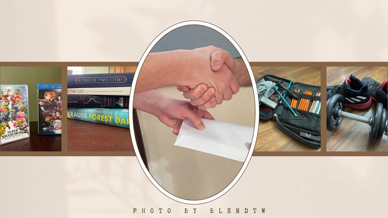 Collage of video games, books, a handshake with an envelope, a pencil case, and a dumbbell with sneakers.