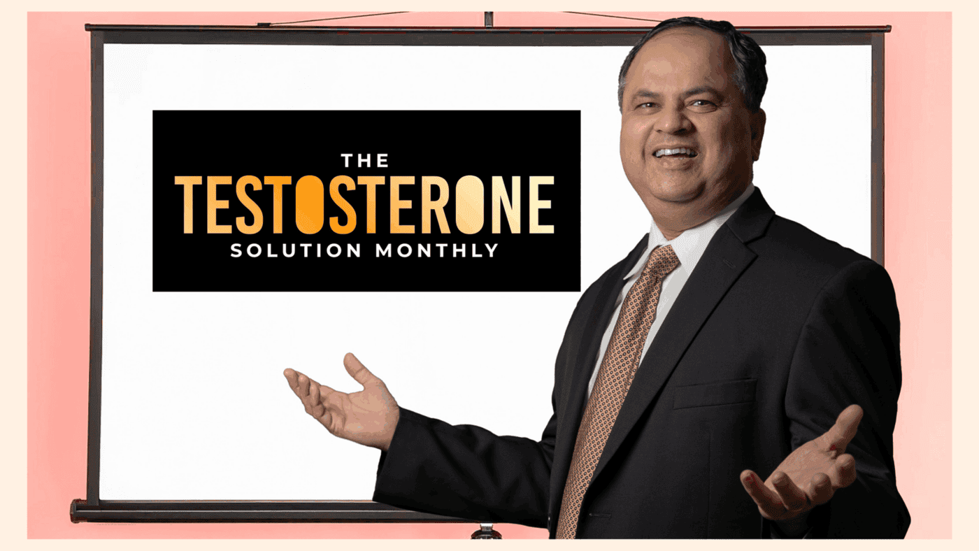 Monthly podcast cover for "The Testosterone Solution," featuring engaging discussions on health and wellness.